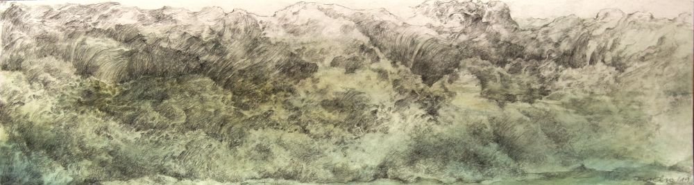 Getürmt, gesponnen - zerronnen, 2019, Zeichnung und Tusche, 73x19 cm